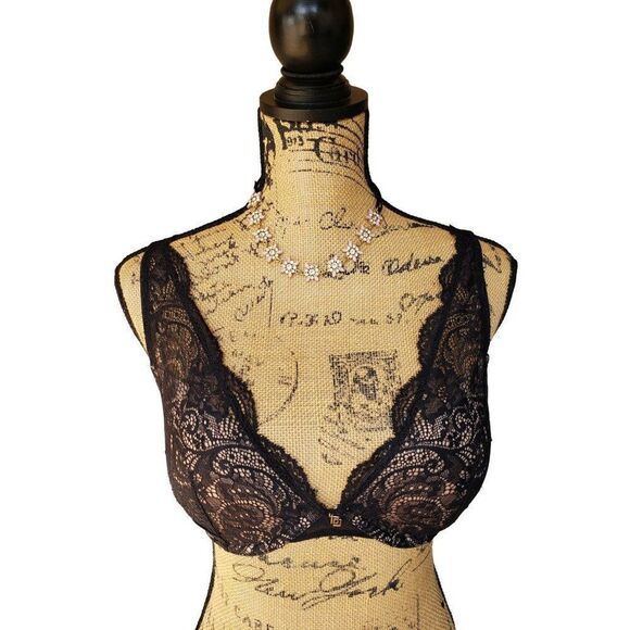 Women's Bra 32D Lace Plunge Double Push up Black Molded Sexy Bra 32D - Picture 2 of 7